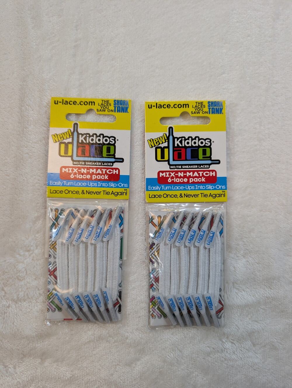 Lot of 2 U-Lace Kiddos No Tie Sneaker Laces White 6 Lace Pack Shark Tank New